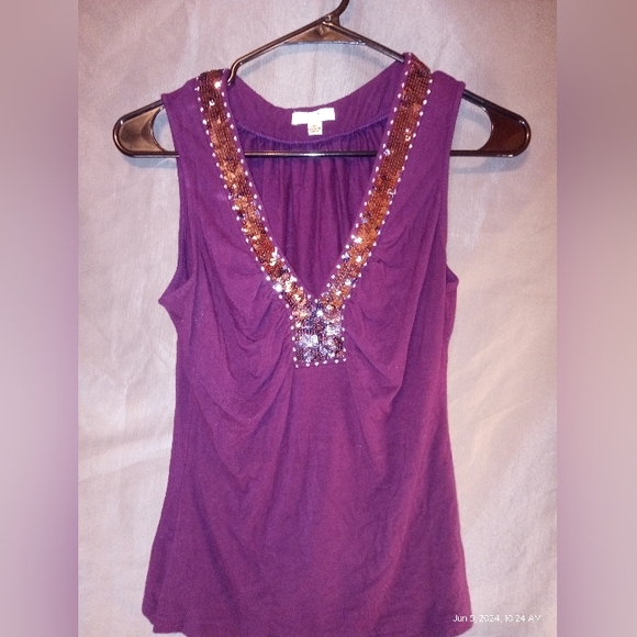 Cache medium sleeveless Y2K sequin top v-neck purple blouse - Picture 1 of 4